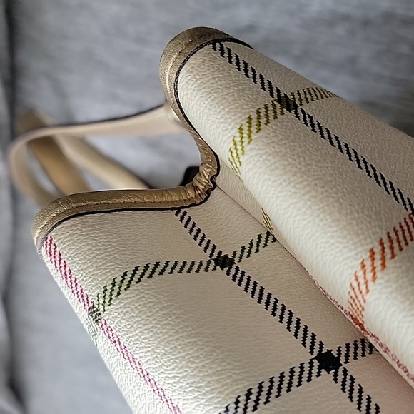 Coach Tattersall Plaid Peyton Pebbled Leather Shoulder Bag Cream Gold Pink Blue - Picture 11 of 16